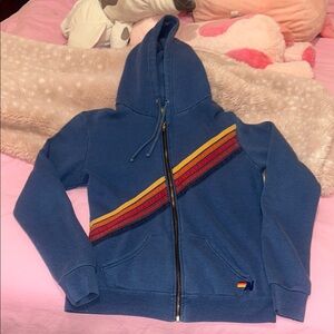 Aviator Nation Blue Hoodie with Red and Yellow Stripes